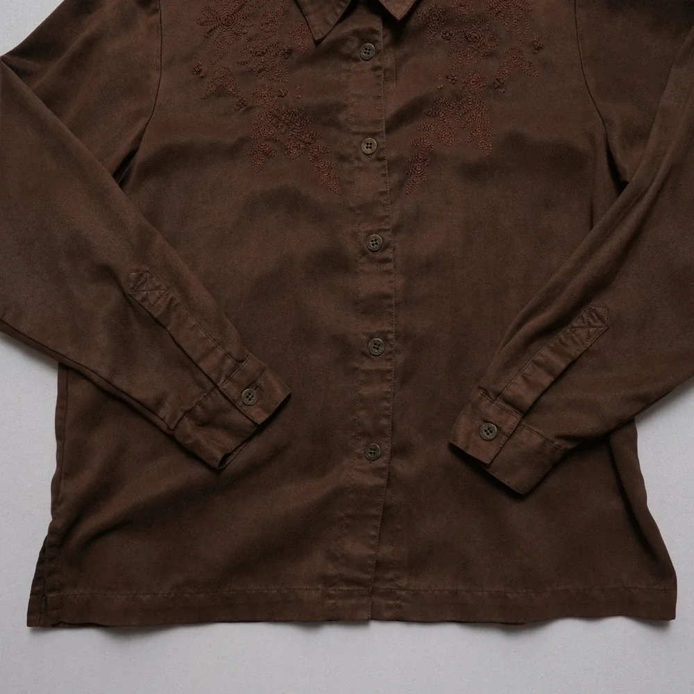 Alfred Dunner Shirt Womens 12P Brown Faux Suede Embroidered Petite Button Up